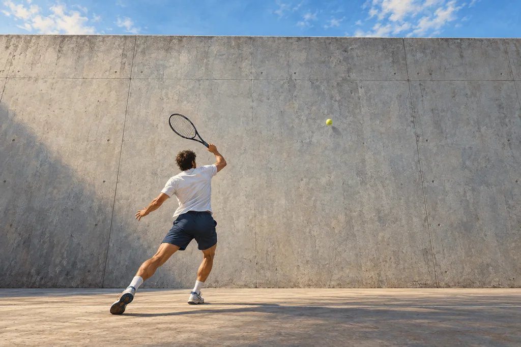Un joueur de tennis frappe une balle contre un grand mur plein, seul sur un terrain extérieur.