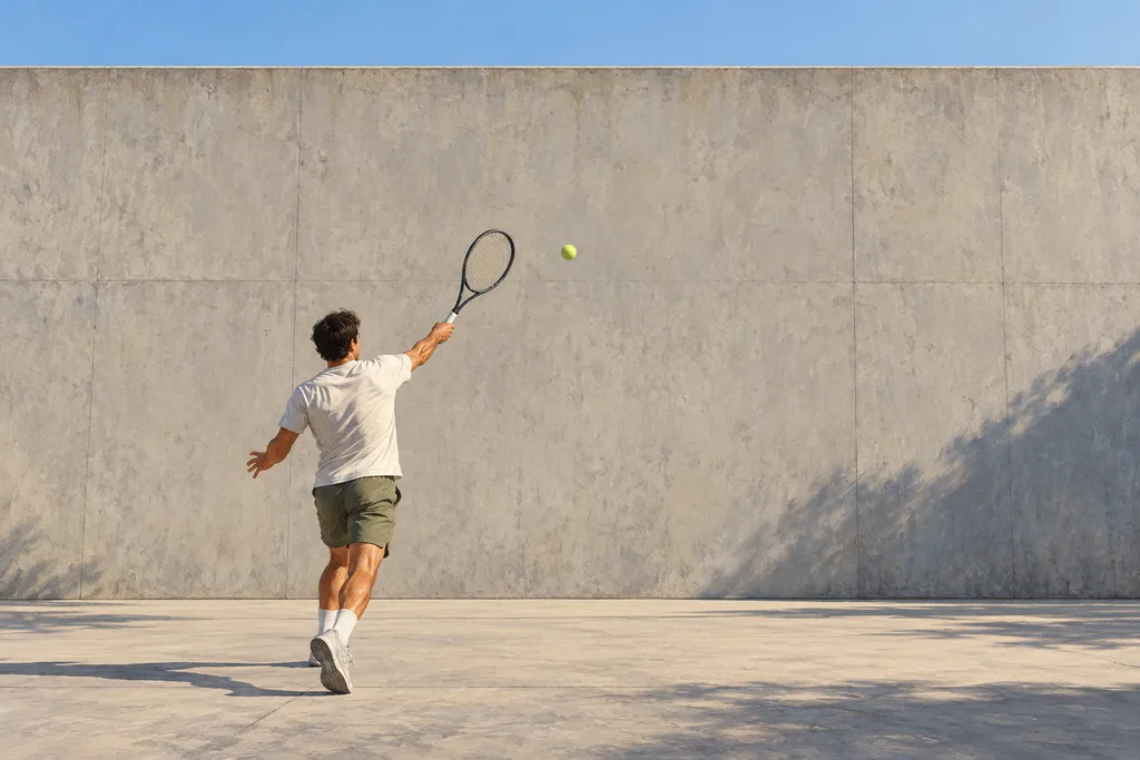 Un joueur de tennis frappe une balle contre un grand mur plein, seul sur un terrain extérieur.